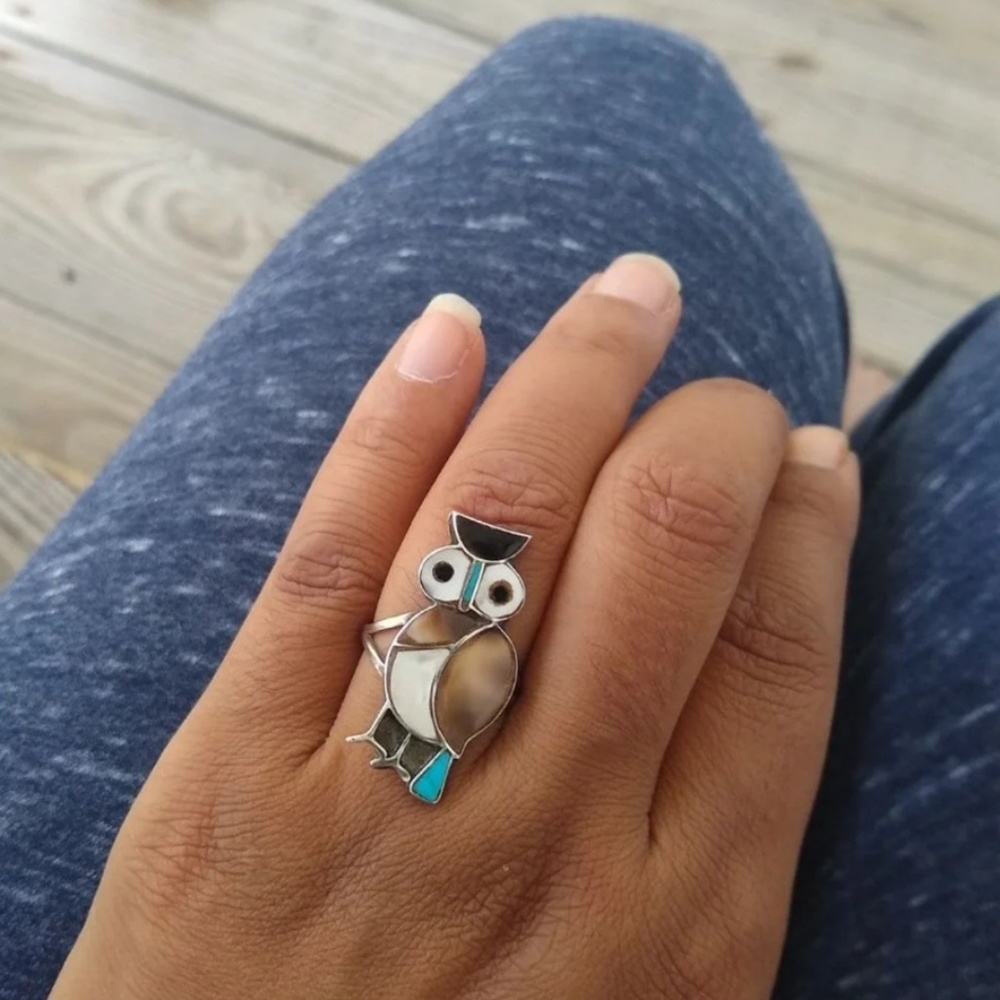 Zuni Sterling Owl inlay ring turquoise MOP shell